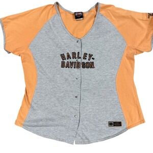 Harley-Davidson Womens 1X Orange Grey Snap Front Baseball Jersey Shirt Wausau WI